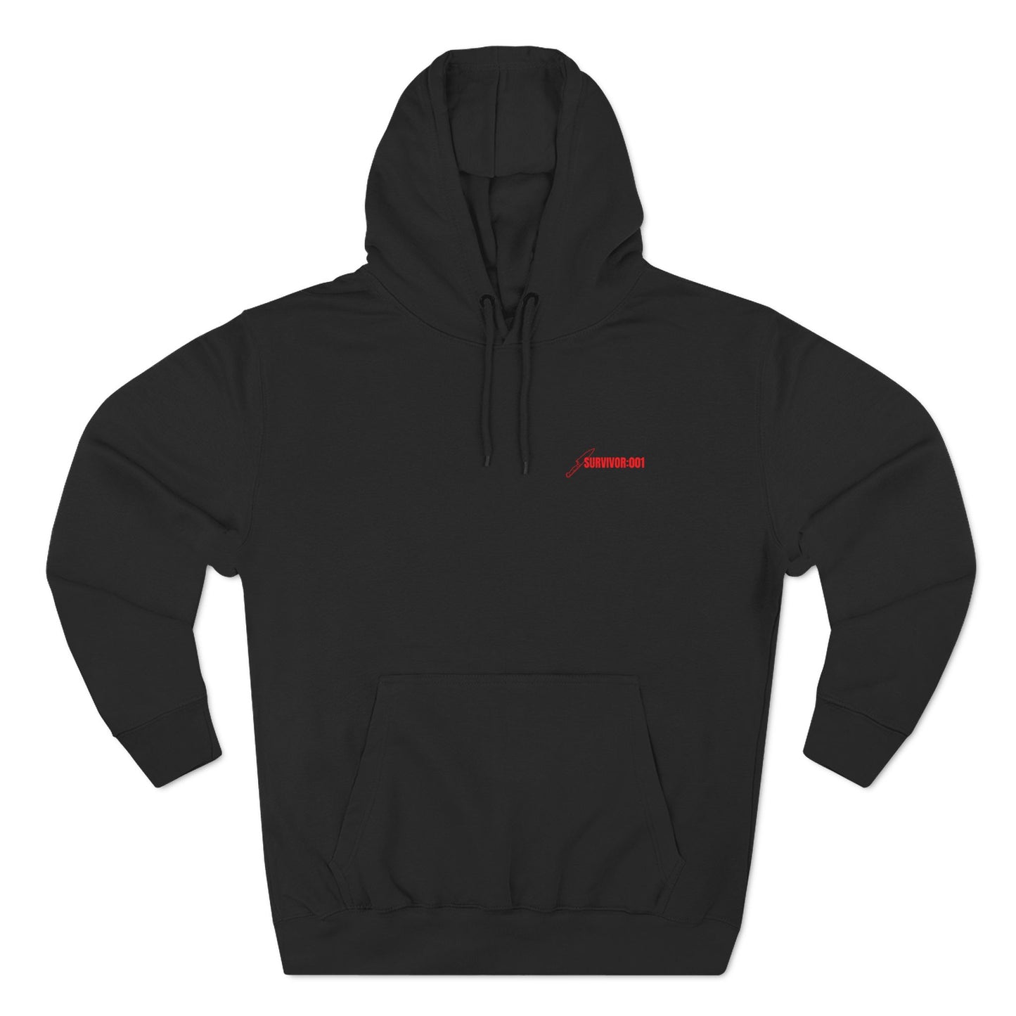 Black hoodie with a red logo on a white background