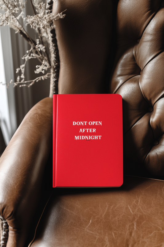 Red book titled 'Don't Open After Midnight' on a brown leather couch.
