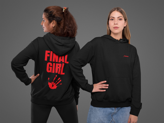 Two women wearing black hoodies with 'FINAL GIRL' text and red design on a gray background