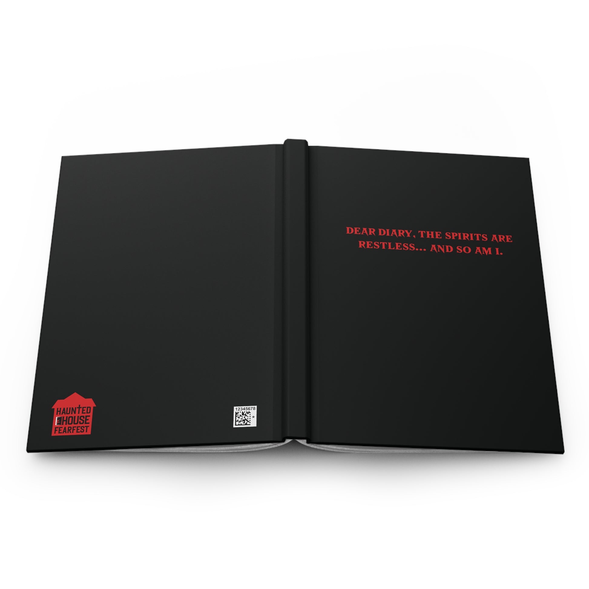 Open black book with red text on a white background