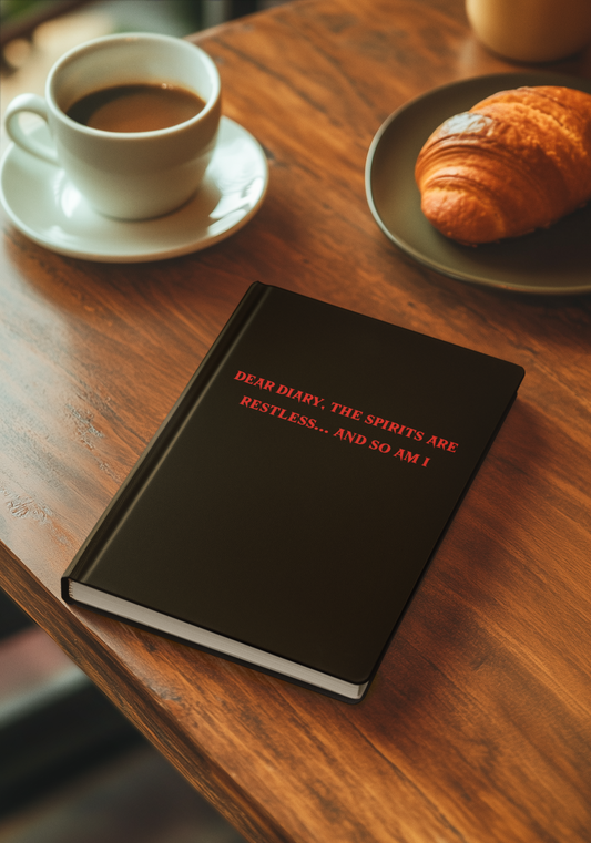 Black notebook with red text on a wooden table with a cup of coffee and croissant.