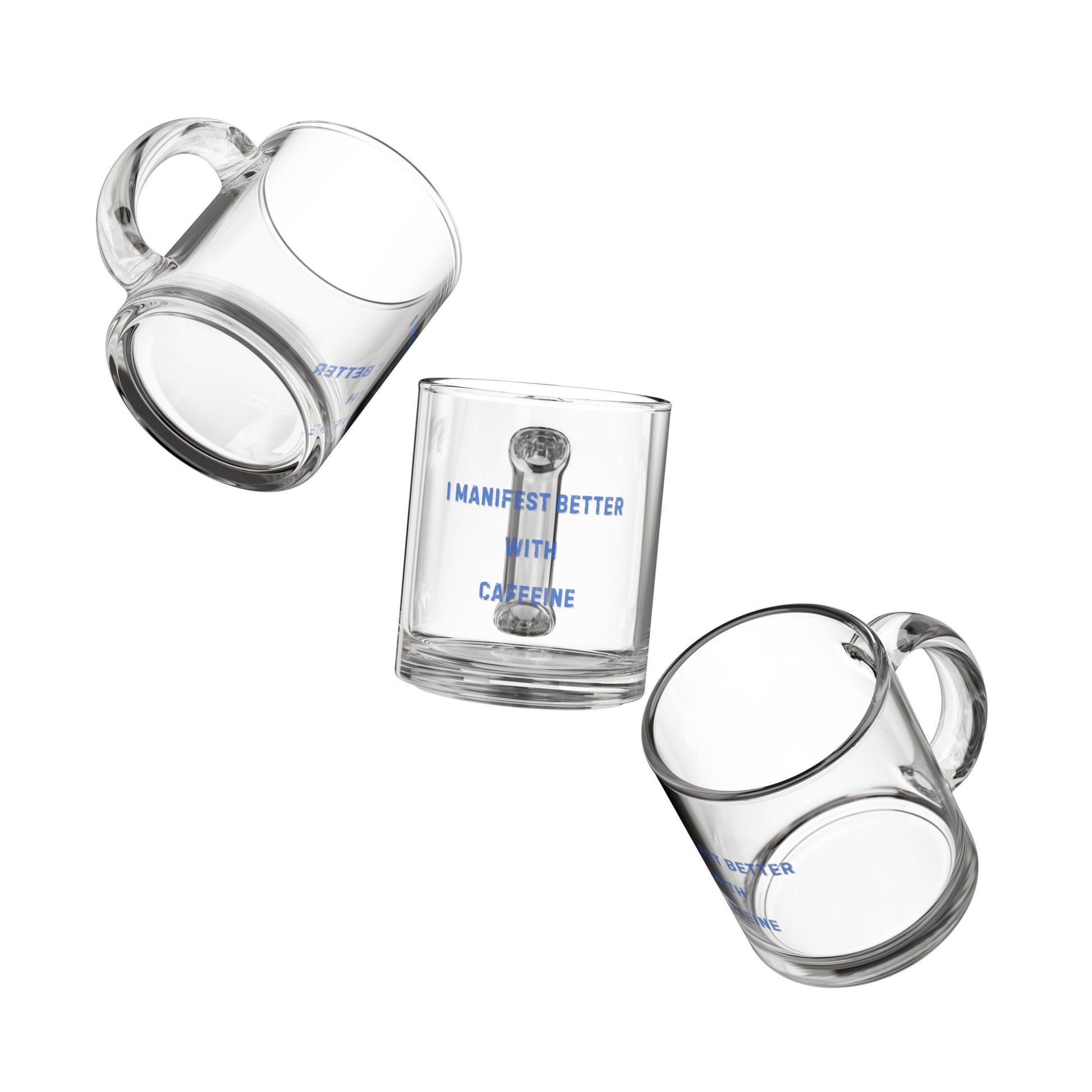 Three clear glass mugs with text on a white background